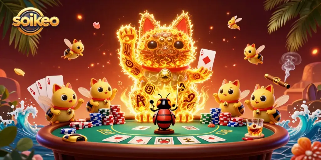 Immerse in the vibrant world of soikeo with a dynamic scene of a golden lucky cat and casino symbols.