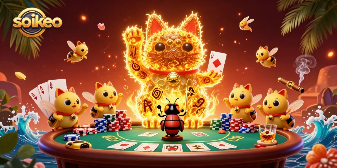 Immerse in the vibrant world of soikeo with a dynamic scene of a golden lucky cat and casino symbols.