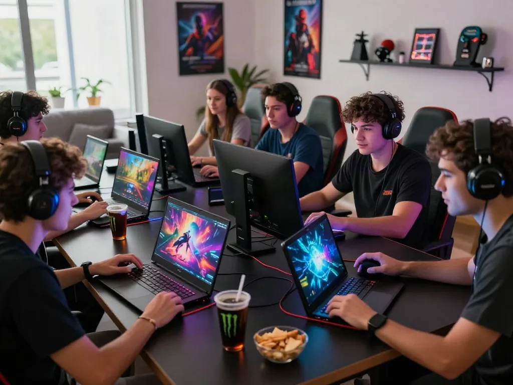 Exciting online gaming scene at https://playsv88.net/ with diverse gamers using digital devices and enjoying snacks.