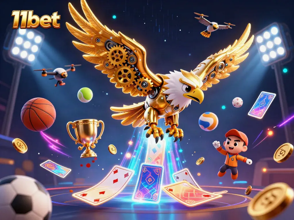 Experience immersive gaming action with 11bet's vibrant 3D illustration showcasing dynamic sports elements and casino excitement.