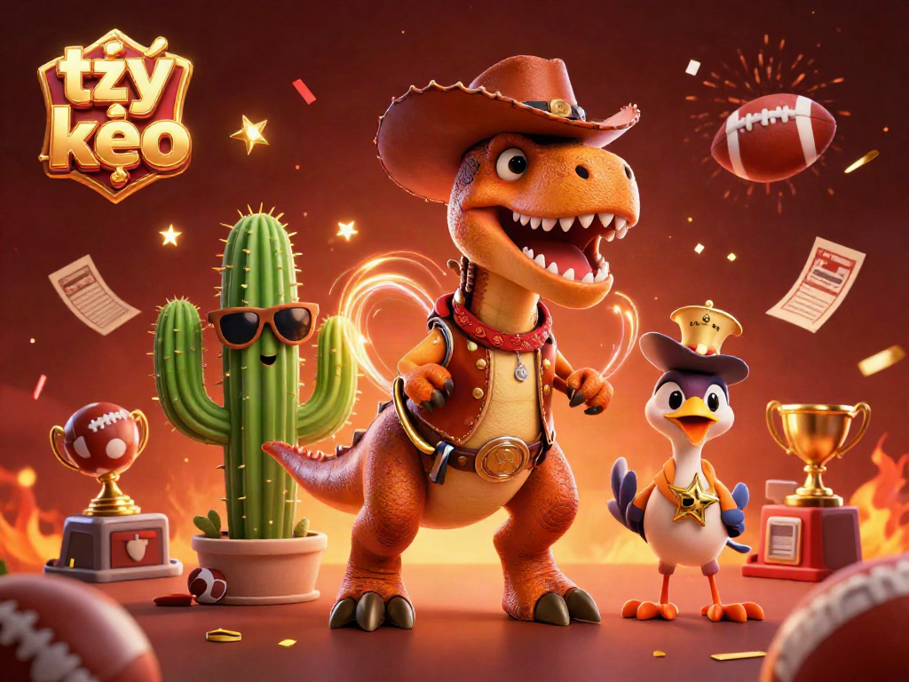 Experience thrilling tỷ lệ kèo moments with a cowboy T-Rex, cactus sidekick, and roadrunner in a vibrant sports betting scene.