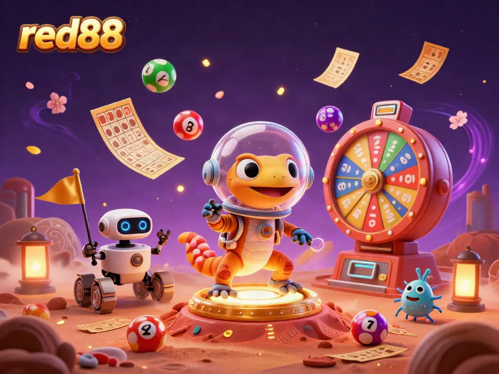 Experience thrilling gameplay at red88 with vibrant colorful lottery elements and an adventurous Martian gecko.