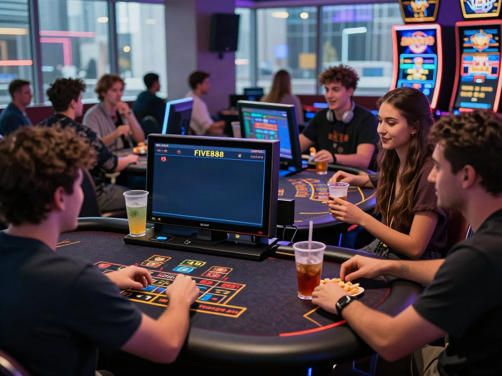 Exciting casino gameplay at FIVE88, showcasing friends enjoying live games and vibrant atmosphere.