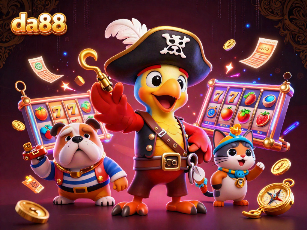 Experience thrilling slot games with da88's colorful characters and exciting elements in a dynamic casino scene.