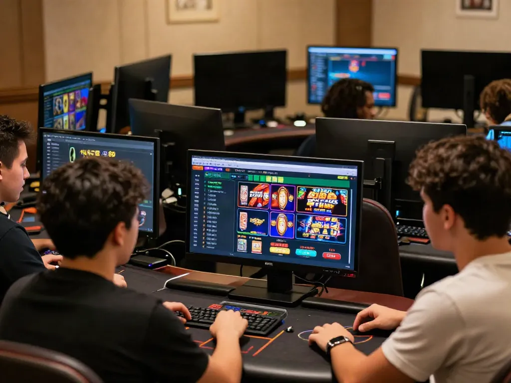 Engaging online gambling scene at NET88 platform with diverse players using various gaming interfaces.