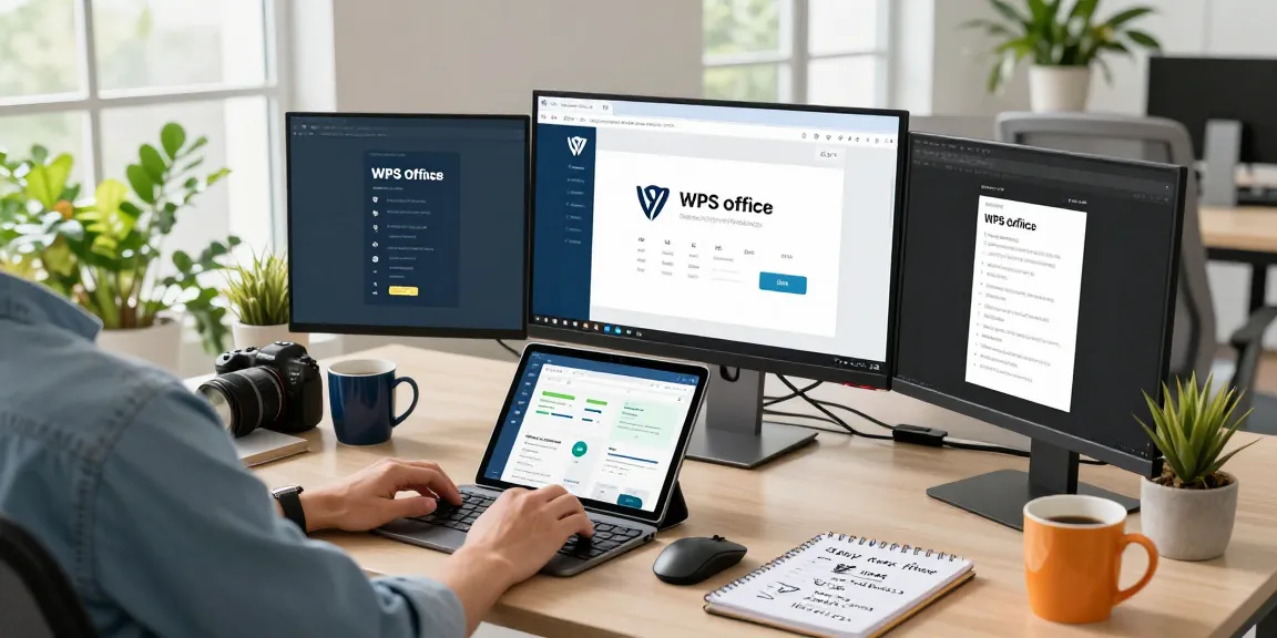 WPS Download in a vibrant office setting showcasing software installation on multiple screens.
