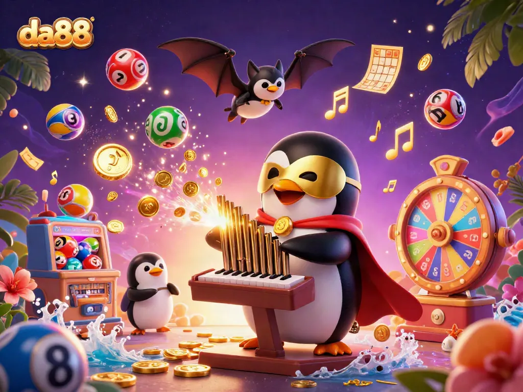 Experience the thrill of da88 with a vibrant 3D animated scene filled with gold coins, lottery balls, and a whimsical character.