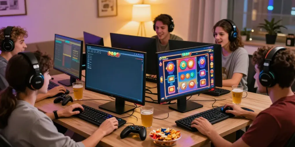 Excited players enjoying a thrilling slot game on DA88 in cozy living room setting.