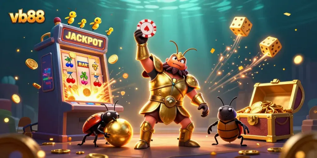 Spin to win with vb88 in a vibrant jackpot explosion scene of 3D casino fun.
