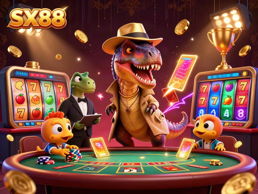 SX88 velociraptor card counter at a vibrant blackjack table, surrounded by slot reels and casino elements.