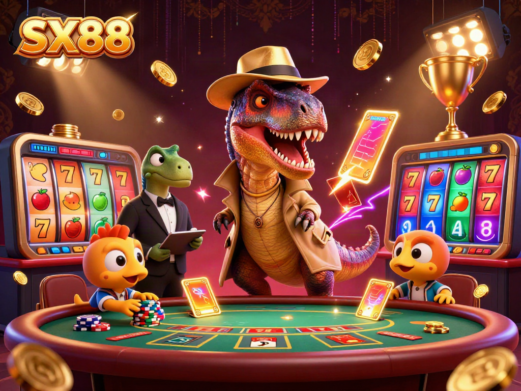 SX88 velociraptor card counter at a vibrant blackjack table, surrounded by slot reels and casino elements.