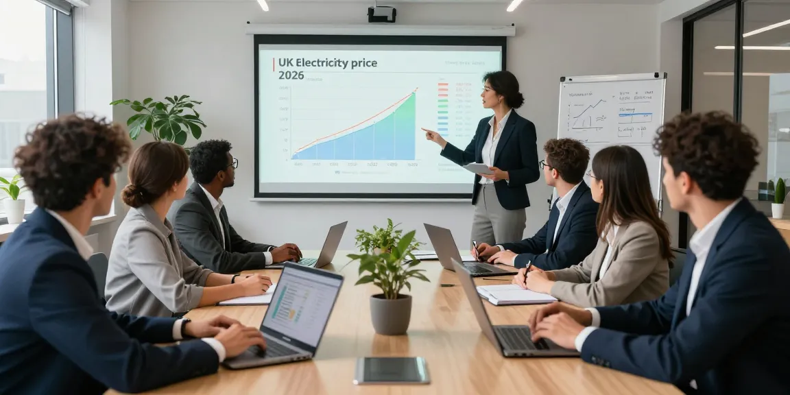 Team discussing UK electricity price per kWh 2026 in a modern office, analyzing trends and forecasts, engaging with data and charts.