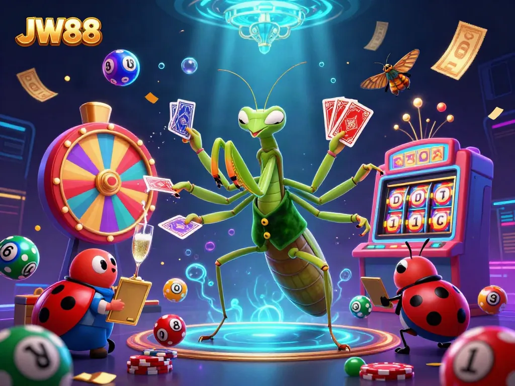 Experience vibrant action at JW88 with a dynamic 3D casino scene featuring colorful lottery elements.