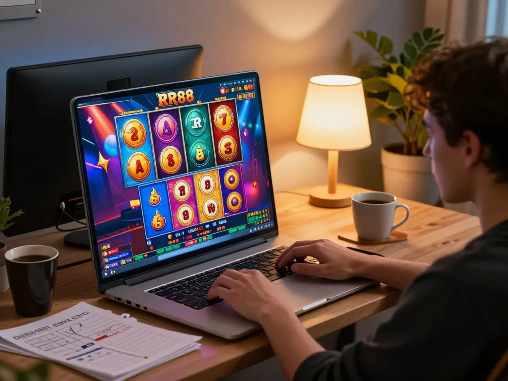 Engaging with RR88 online casino on a laptop at home with vibrant slot game on display
