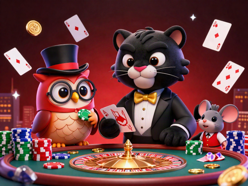 khusky panther deals cards while an owl holds chips in the thrilling nhacaiuytin84 casino scene