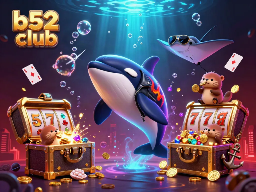 B52 club features vibrant underwater adventure with a whale and otters winning golden coins from slots.
