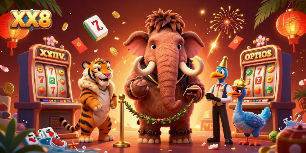 Experience the exciting XX8 casino world with a woolly mammoth bouncer and vibrant game elements.
