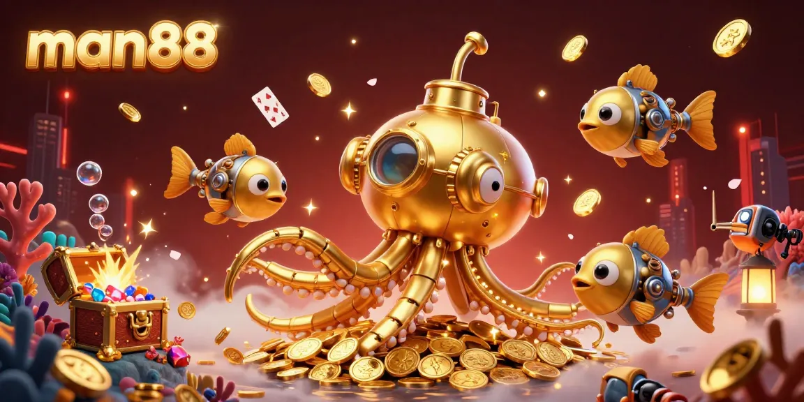 Engage with the thrilling man88 gaming experience, featuring a golden kraken submarine amidst treasure and bioluminescent elements.
