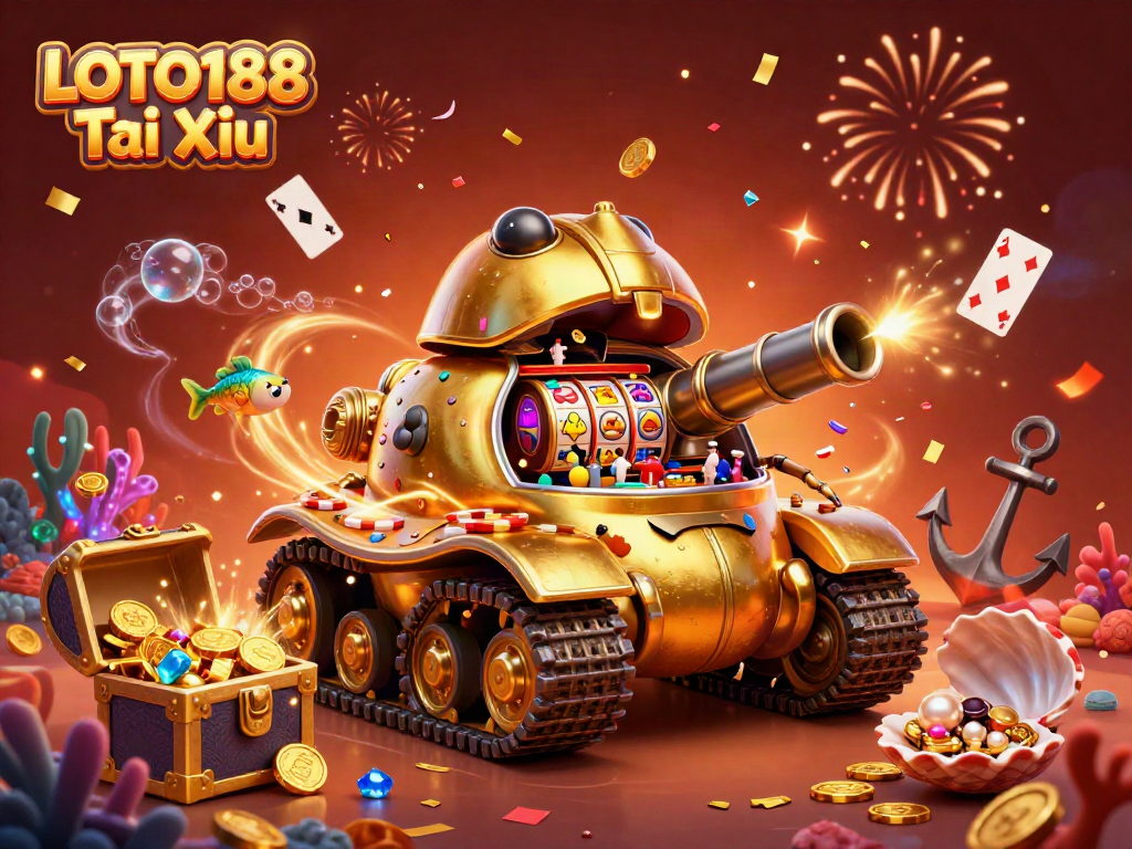 Experience LOTO188 Tai Xiu excitement with a vibrant 3D casino scene filled with energetic games and treasures.