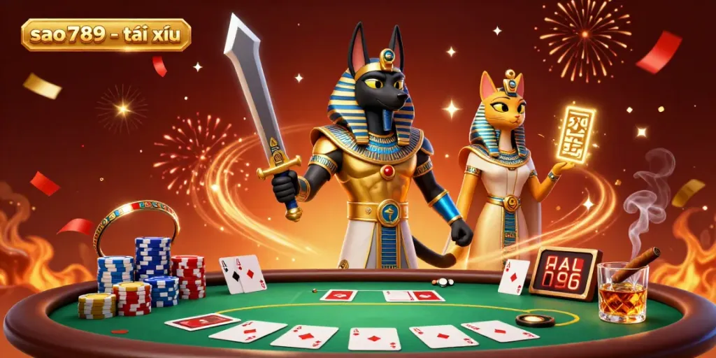 Visualize sao789 - tài xỉu with dynamic poker elements and ancient Egyptian characters in a vibrant casino scene.