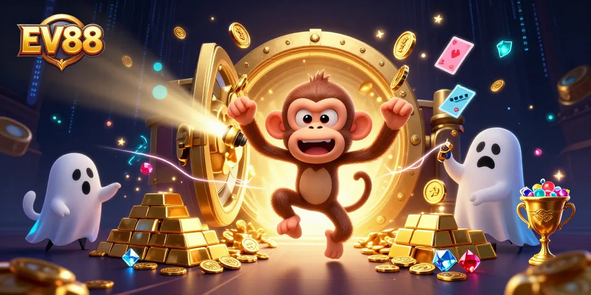 Experience exciting gaming thrills at EV88 with a playful poltergeist monkey juggling golden treasures in a vibrant casino.