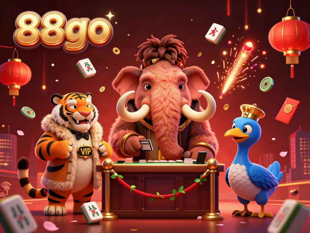 Experience the vibrant gaming world of 88go with a lively scene featuring a woolly mammoth bouncer, saber-tooth tiger guest, and dodo bird doorman.