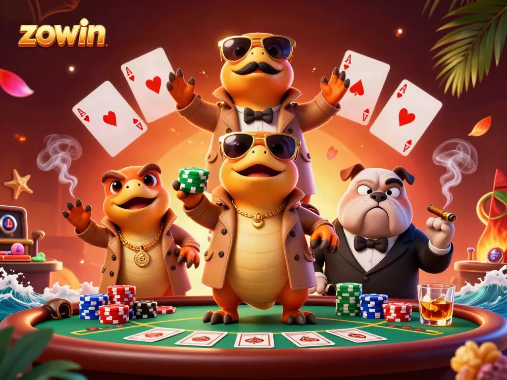 Engage in exciting poker gameplay at zowin with vibrant 3D raptors disguised as VIP players.
