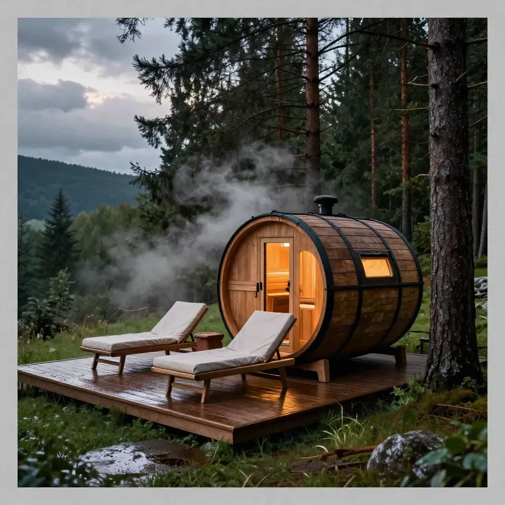 Beskydský glamping se saunovým sudem a lehátky po dešti mezi jedlemi.