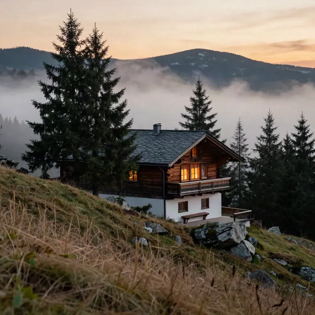 Chalupa v Krkonoších nad hranicí lesa, mlha na hřebeni a světla v oknech.