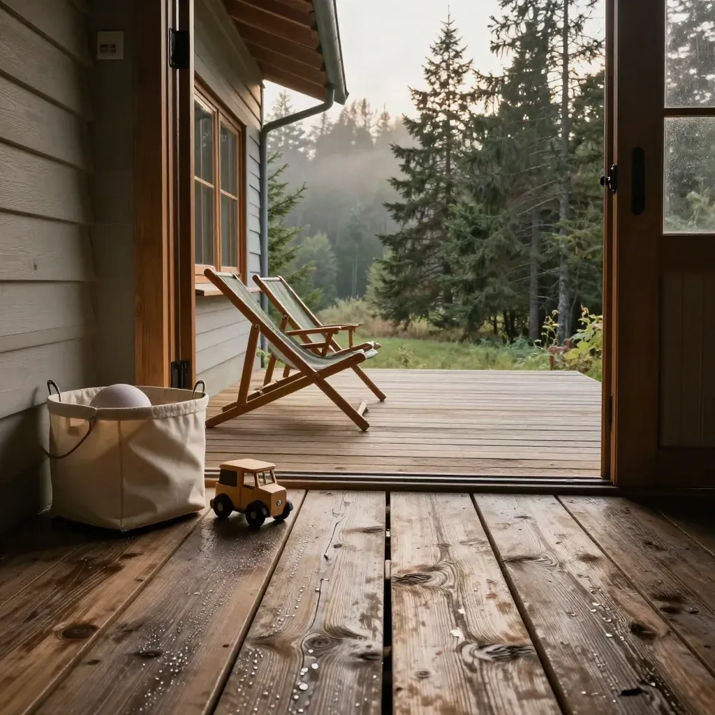Terasa ekolodge s otevřenými dveřmi do lesa, lehátky a hračkami v ranním světle.