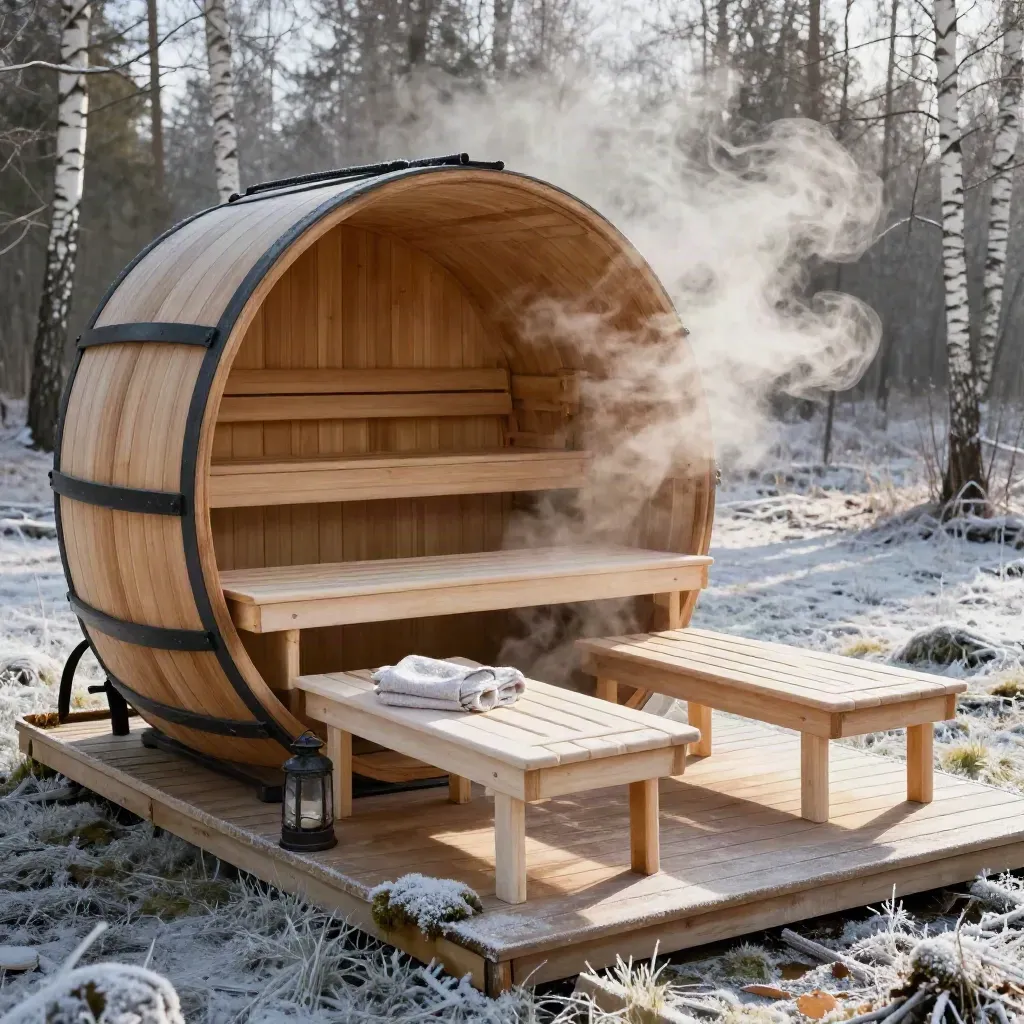Sudová sauna u lesa se dvěma lehátky, párou a mrazivým ranním vzduchem.