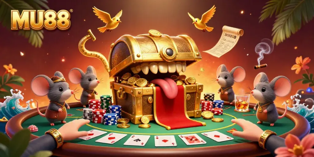 Engaging MU88 casino illustration showcasing a whimsical treasure chest and poker elements, capturing the thrill of gaming.