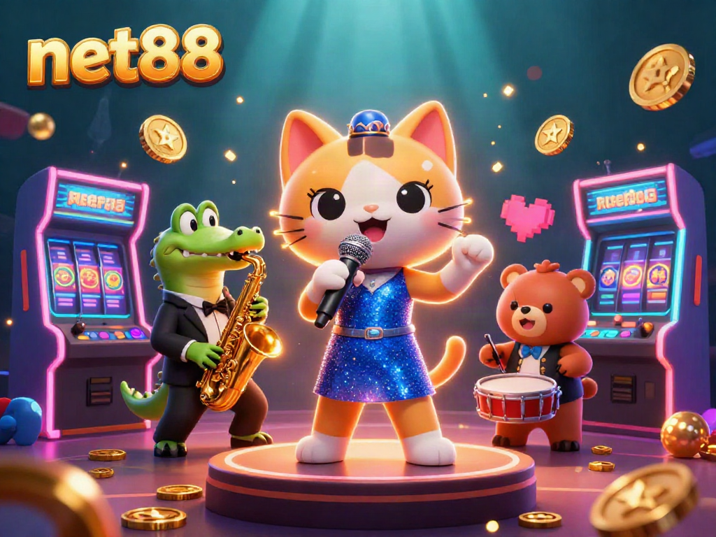 Experience the thrilling world of net88 with a lively 3D illustration of playful characters amidst colorful slot machines and casino excitement.