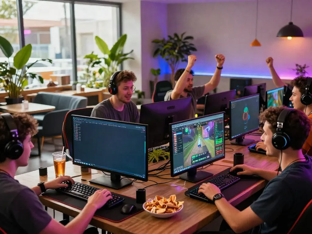 Men enjoying a gaming session at Manclub, celebrating wins in a vibrant lounge.