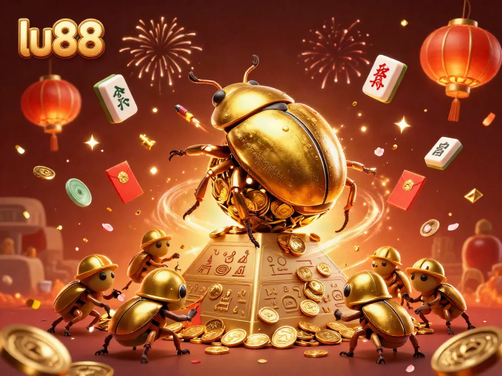 Engage with the vibrant lu88 casino scene featuring a golden beetle rolling coins, festive elements enlivening the atmosphere.