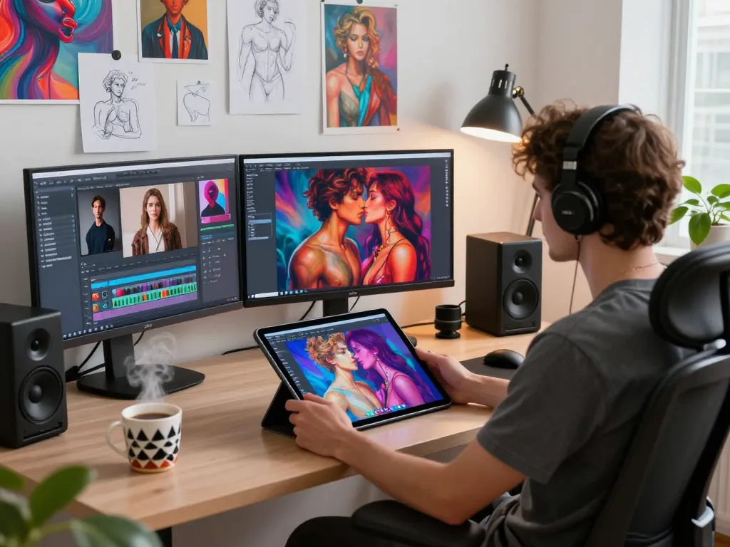 Artist creating AI porn-themed digital art in a vibrant studio setting, showcasing technology and creativity.