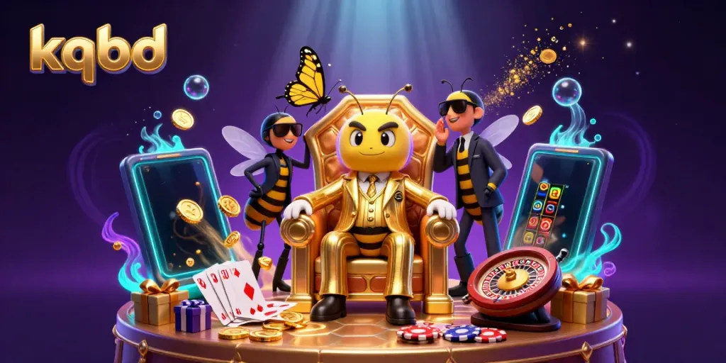 Engage with kqbd through a vibrant scene showcasing a lively bumblebee mob boss surrounded by gambling elements.