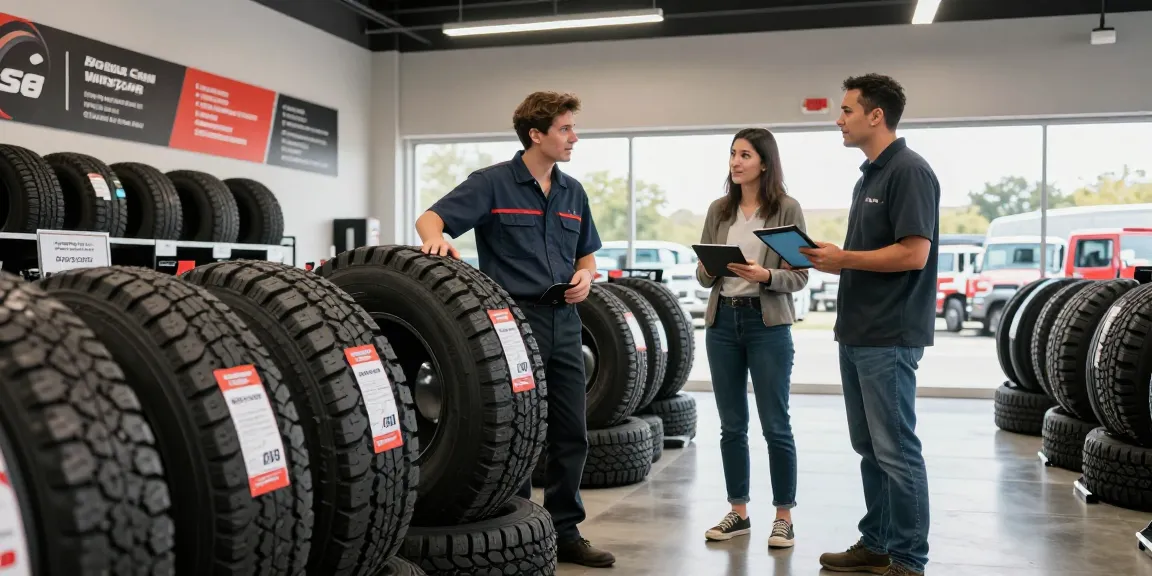 Customer discussing Double Coin RR99 tire options with salesperson in busy dealership.