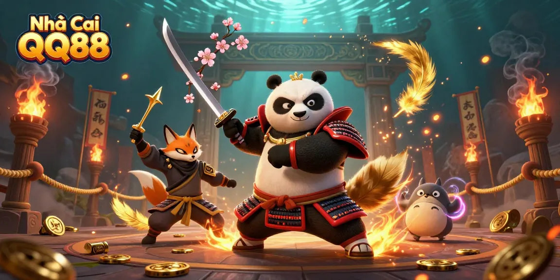 Engage with Nhà Cái QQ88 by exploring vibrant casino entertainment featuring a samurai panda and ninja fox.