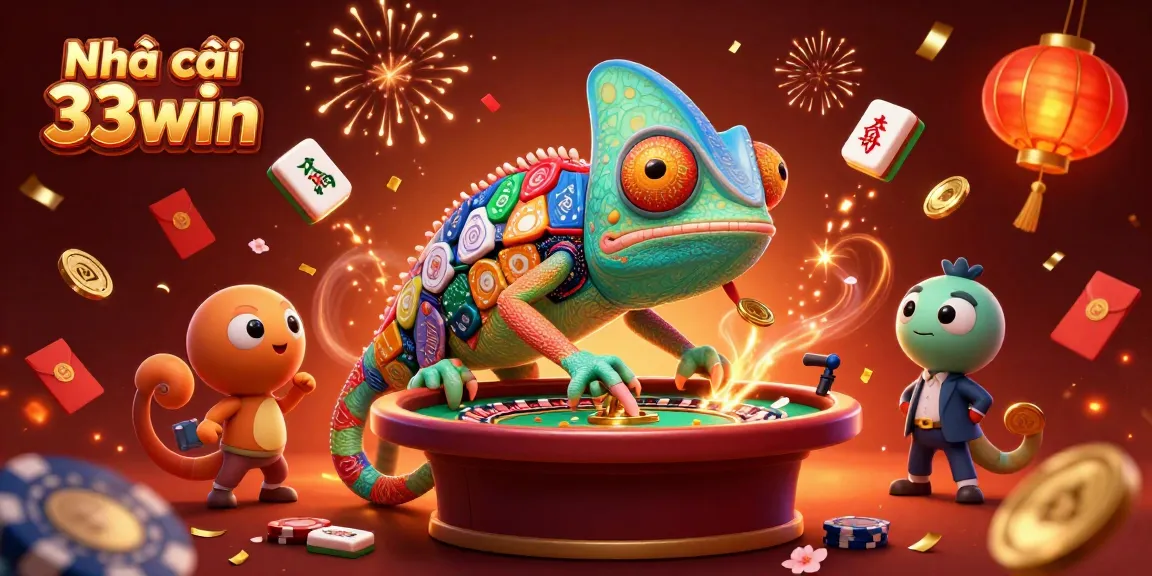 Engage with Nhà cái 33win as a chameleon casino owner snaps up golden coins amidst vivid gaming elements.