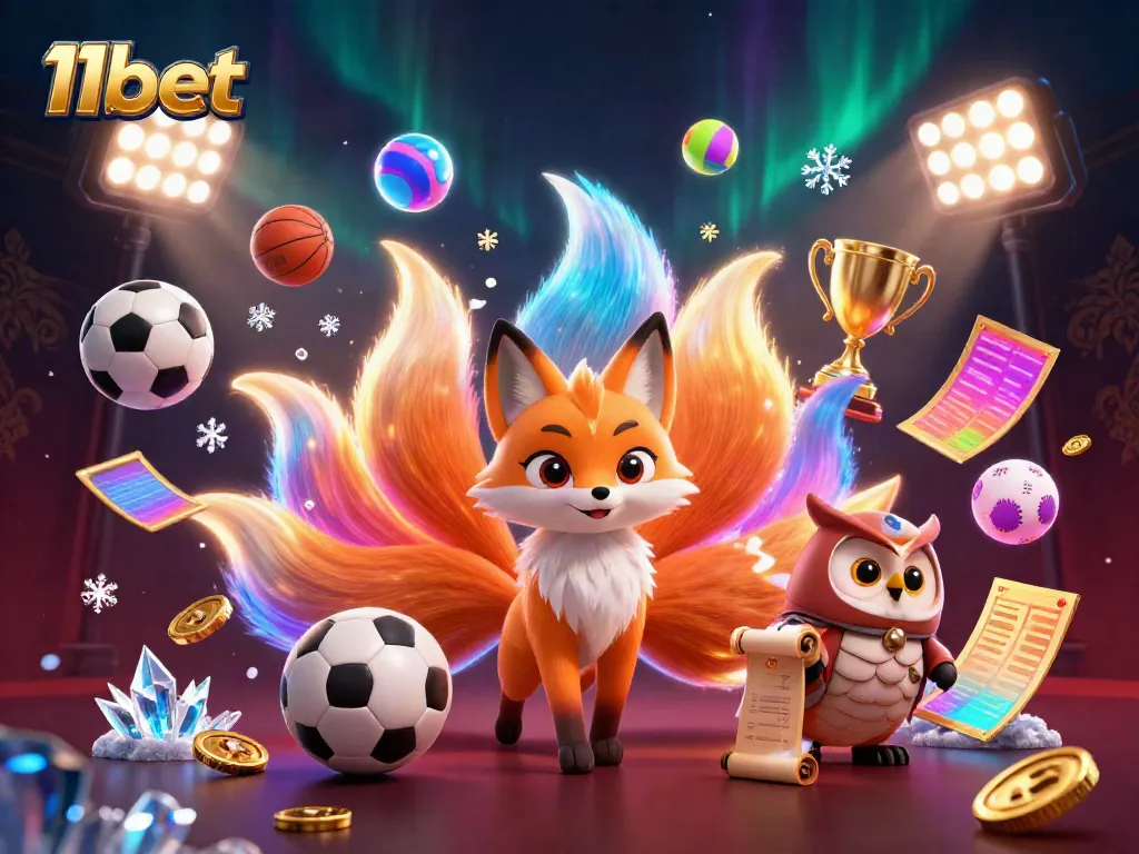 Experience vibrant gaming with 11bet's glowing fox spirit and dynamic sports elements in this captivating illustration.