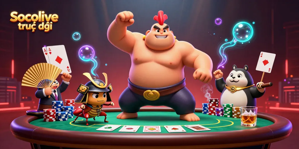 Socolive trực tiếp showcases an intense poker scene with animated characters, vibrant colors, and detailed digital illustration.