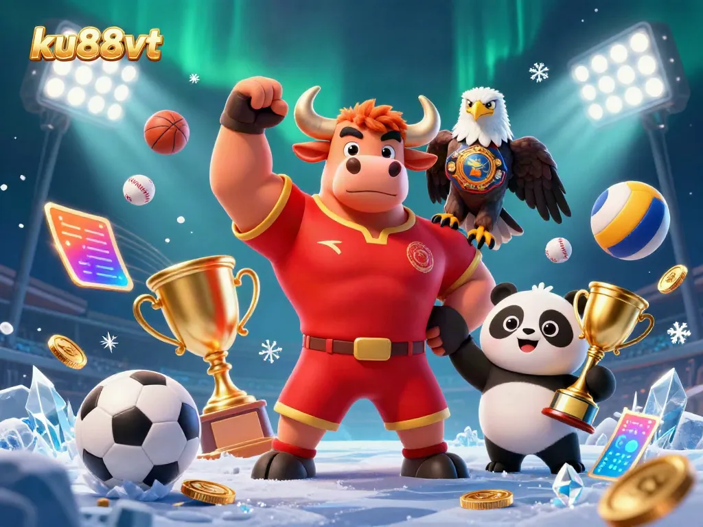 ku88vt mascot trio celebrating victory in vibrant casino scene filled with sports elements.