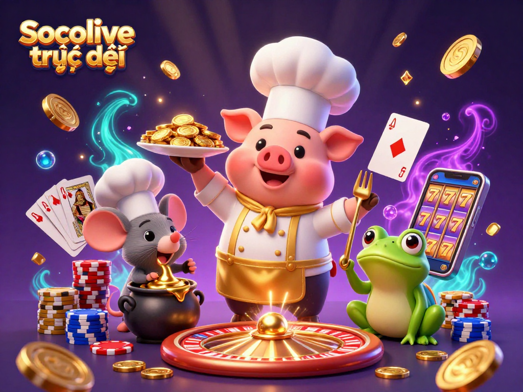 Socolive trực tiếp: Chef pig serving gold coins in a vibrant 3D casino scene