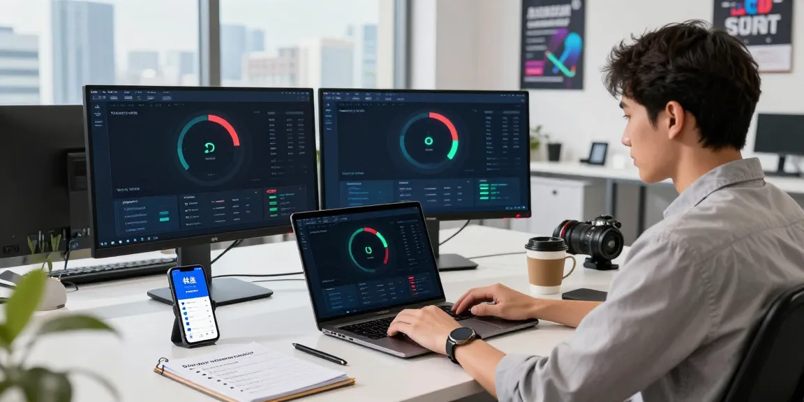 快连 user optimizing network speed in a modern office setting with multiple screens and tech gear.