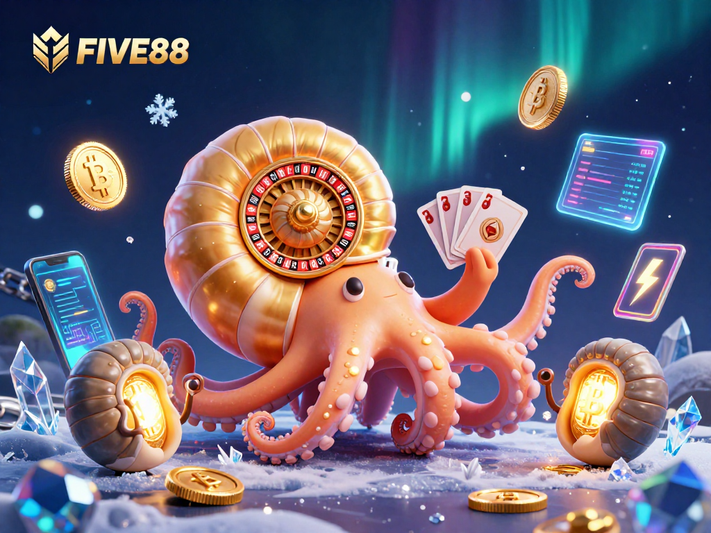 Experience thrilling gameplay at FIVE88 with an ancient giant nautilus as a roulette wheel and glowing crypto elements.