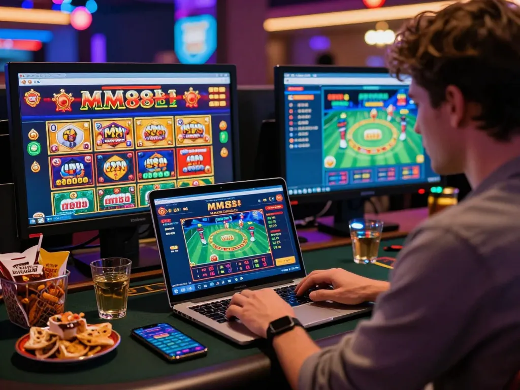 Engaged player on MM88 online betting platform in vibrant casino setting.