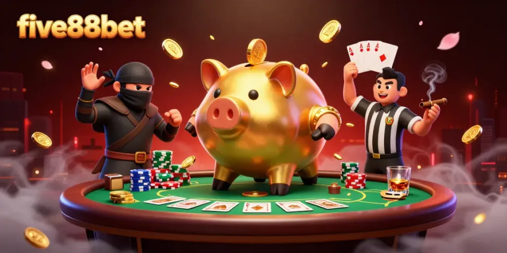Experience the excitement of five88bet with a huge golden piggy bank, ninja, and samurai in an action-packed casino scene.