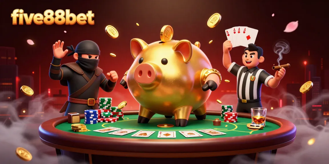 Experience the excitement of five88bet with a huge golden piggy bank, ninja, and samurai in an action-packed casino scene.