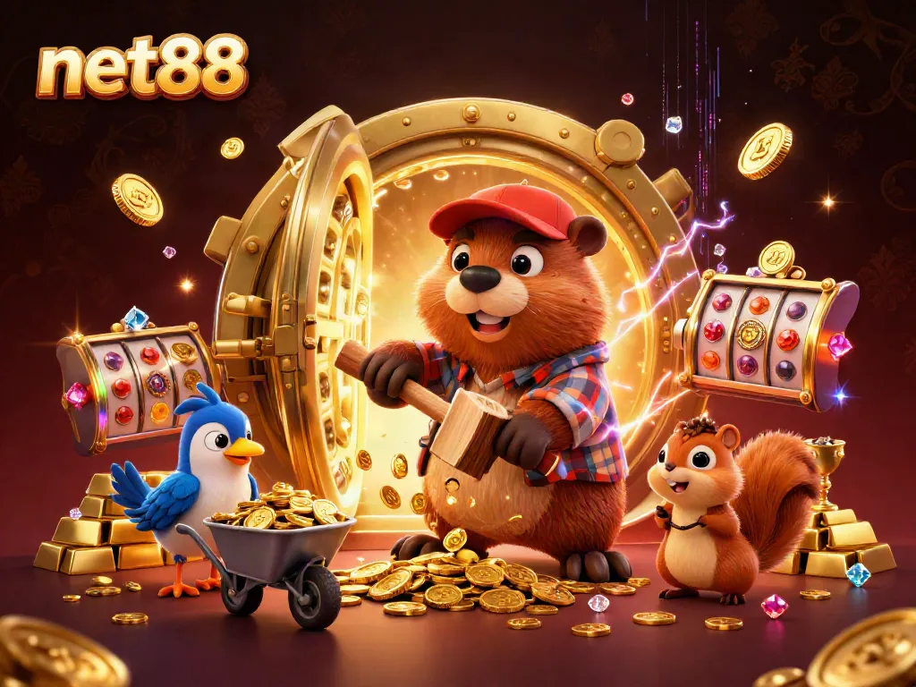 Experience the fun of net88 with a vibrant casino-themed illustration featuring a beaver, bird, and squirrel.